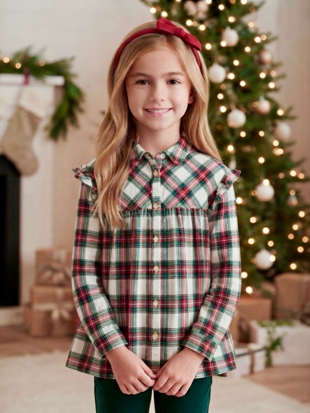 Gap Kids Christmas Holiday Plaid Ruffle Flannel Shirt 8 Red Green Cottagecore